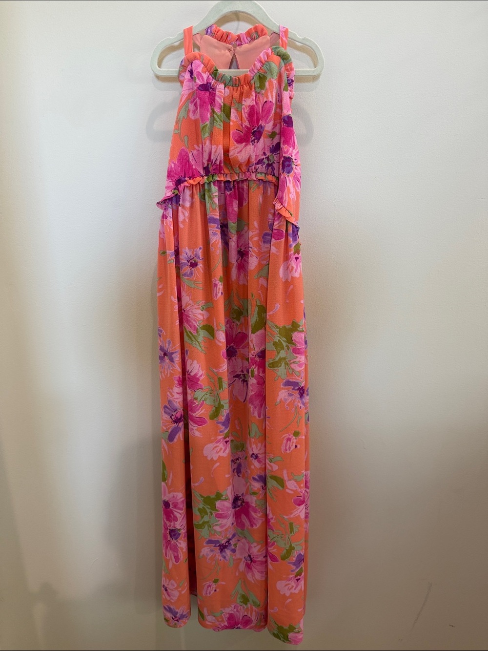 Bonnie Jean Orange Floral Maxi Dress with Pink and Green Accents